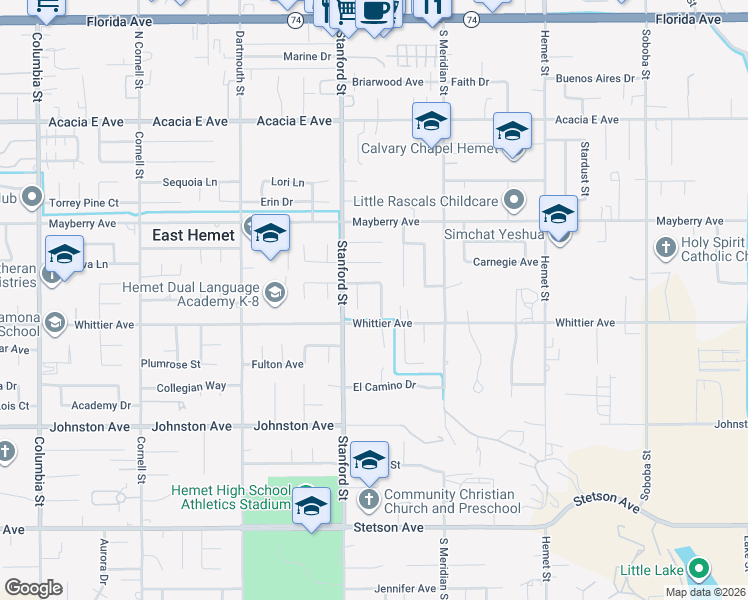 map of restaurants, bars, coffee shops, grocery stores, and more near 26445 Larkspur Street in Hemet