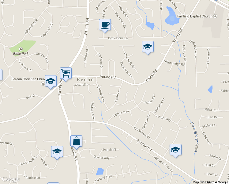 map of restaurants, bars, coffee shops, grocery stores, and more near 5561 Petite Point in Lithonia