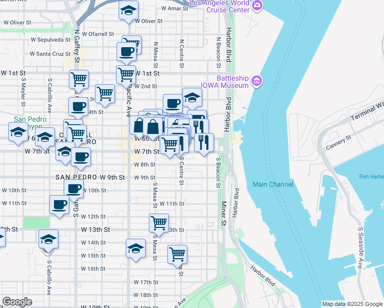 map of restaurants, bars, coffee shops, grocery stores, and more near 255 West 7th Street in Los Angeles