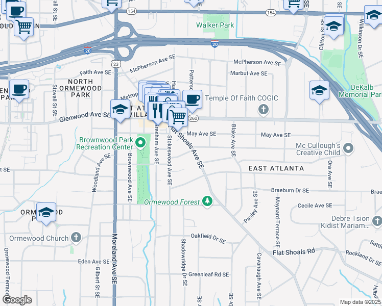 map of restaurants, bars, coffee shops, grocery stores, and more near 605 Flat Shoals Avenue Southeast in Atlanta