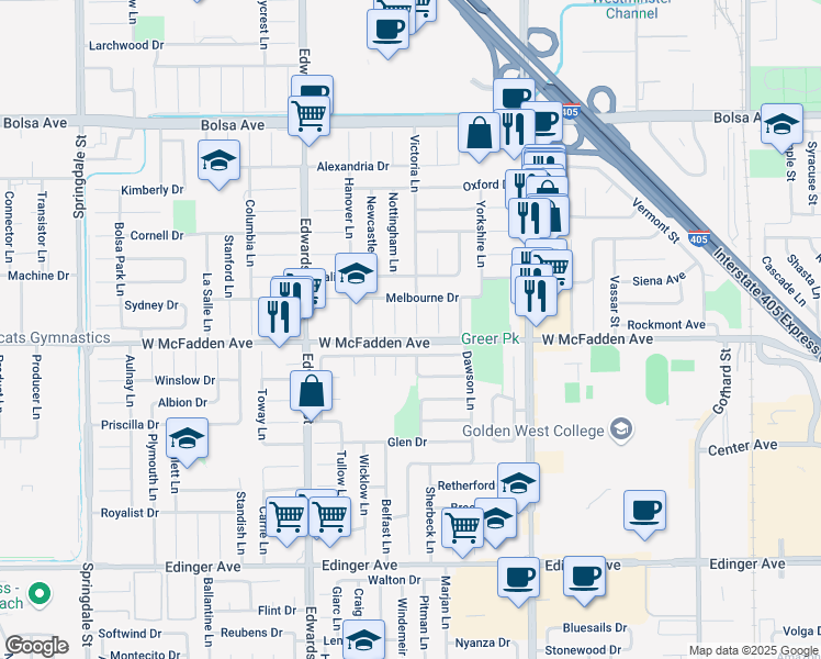 map of restaurants, bars, coffee shops, grocery stores, and more near 15461 Victoria Lane in Huntington Beach