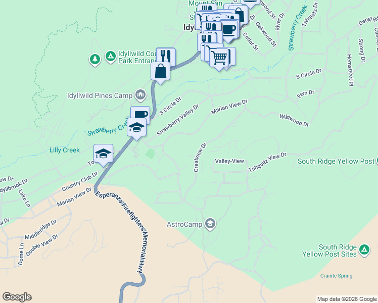 map of restaurants, bars, coffee shops, grocery stores, and more near 26485 Crestview Drive in Idyllwild-Pine Cove