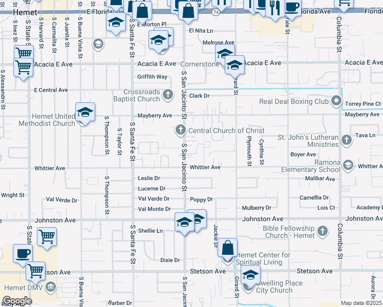 map of restaurants, bars, coffee shops, grocery stores, and more near 26376 San Jacinto Street in Hemet