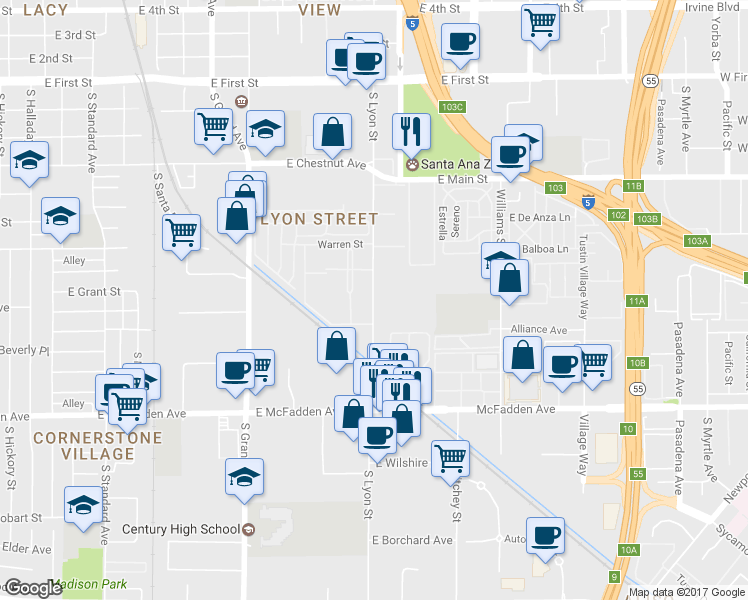 map of restaurants, bars, coffee shops, grocery stores, and more near 727 South Lyon Street in Santa Ana