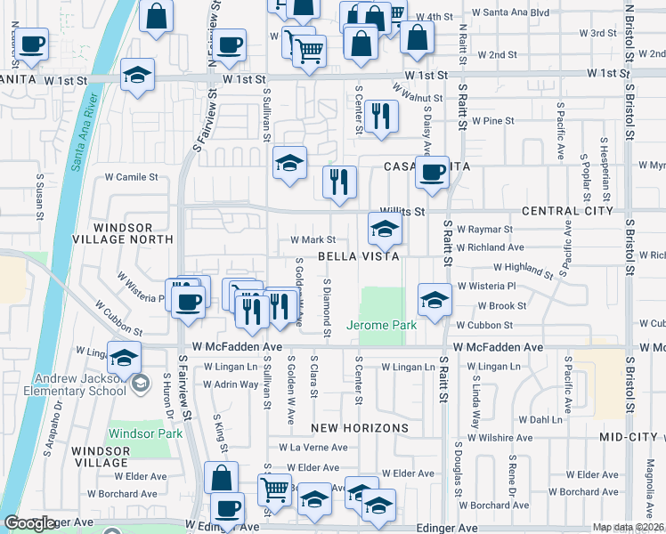 map of restaurants, bars, coffee shops, grocery stores, and more near 2302 West Monta Vista Avenue in Santa Ana