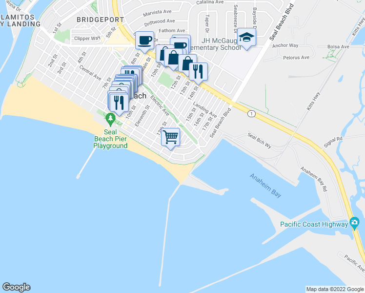 map of restaurants, bars, coffee shops, grocery stores, and more near 1521 Marine Avenue in Seal Beach