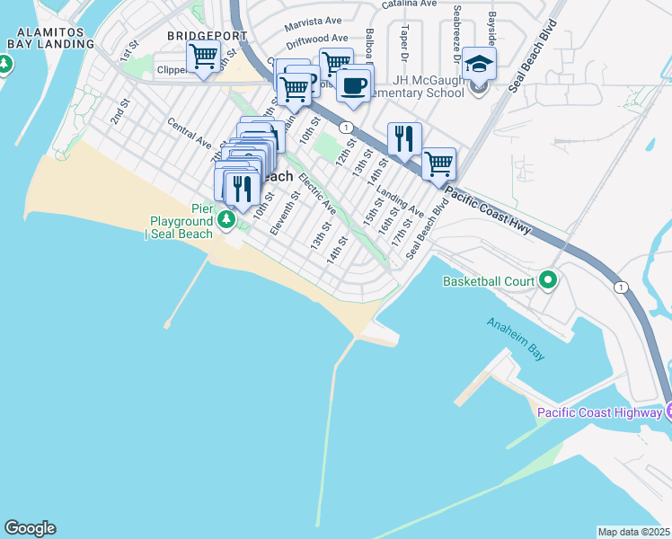 map of restaurants, bars, coffee shops, grocery stores, and more near 114 14th Street in Seal Beach