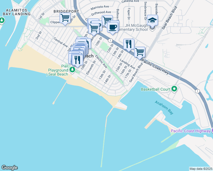 map of restaurants, bars, coffee shops, grocery stores, and more near 114 14th Street in Seal Beach