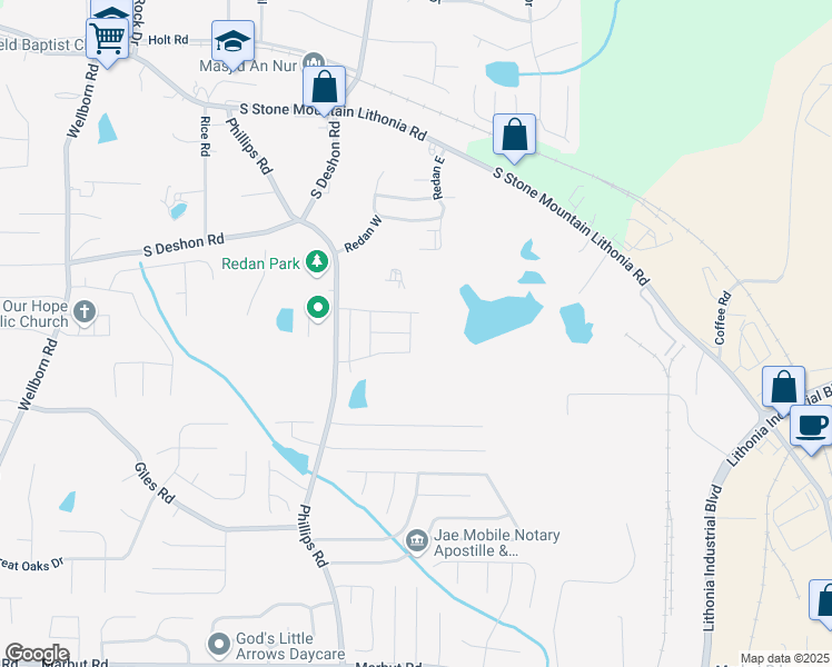 map of restaurants, bars, coffee shops, grocery stores, and more near 6330 Scudders Drive in Lithonia