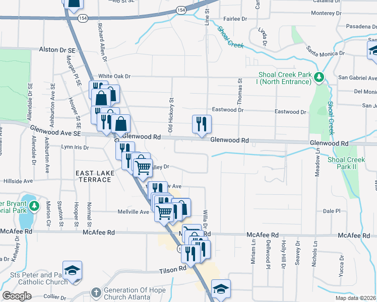 map of restaurants, bars, coffee shops, grocery stores, and more near 3329 Glenwood Road in Decatur