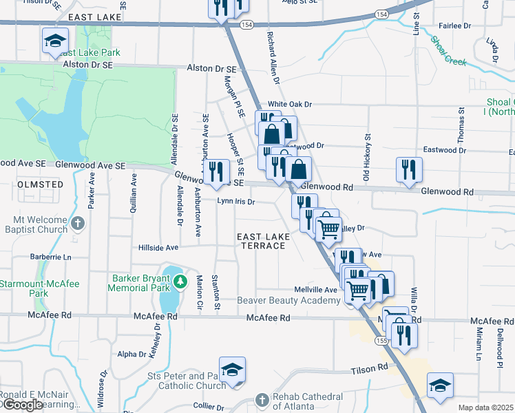 map of restaurants, bars, coffee shops, grocery stores, and more near 2447 Lynn Iris Drive in Decatur