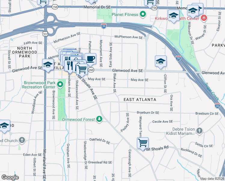 map of restaurants, bars, coffee shops, grocery stores, and more near 604 Blake Avenue Southeast in Atlanta