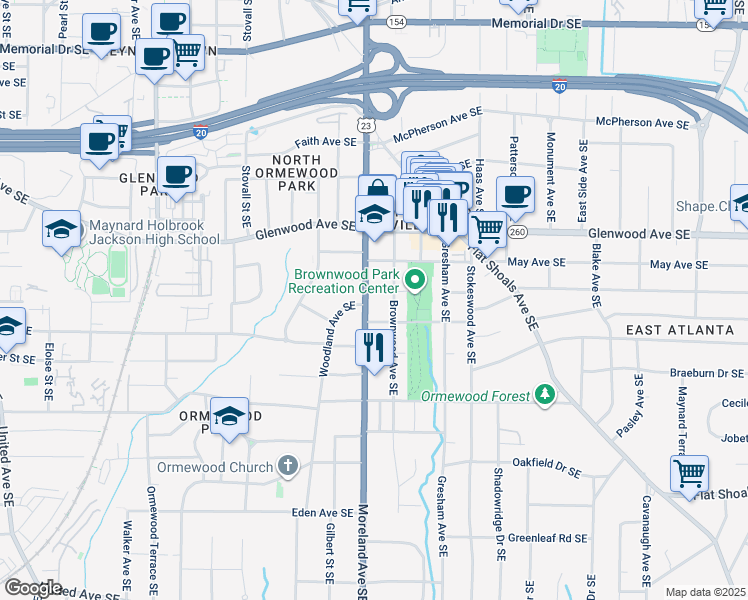 map of restaurants, bars, coffee shops, grocery stores, and more near 591 Moreland Avenue Southeast in Atlanta