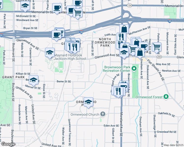 map of restaurants, bars, coffee shops, grocery stores, and more near 606 Glenwood Place Southeast in Atlanta