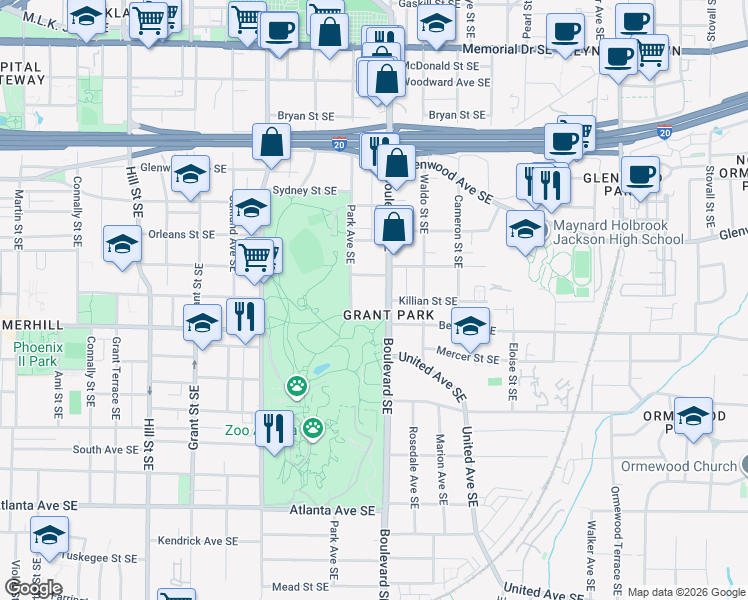 map of restaurants, bars, coffee shops, grocery stores, and more near 603 Boulevard Southeast in Atlanta