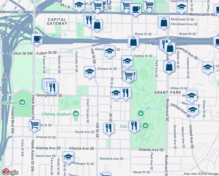 map of restaurants, bars, coffee shops, grocery stores, and more near 609 Grant Street Southeast in Atlanta