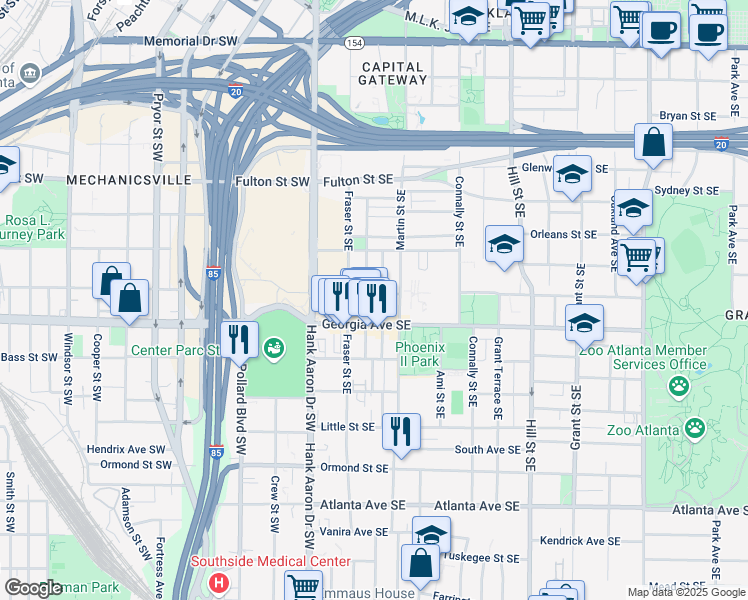 map of restaurants, bars, coffee shops, grocery stores, and more near 77 Glenn Street Southeast in Atlanta