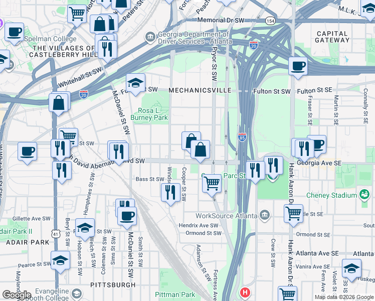 map of restaurants, bars, coffee shops, grocery stores, and more near 300 Glenn Street Southwest in Atlanta