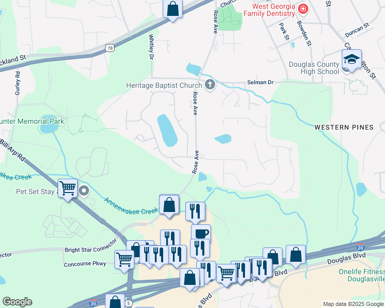 map of restaurants, bars, coffee shops, grocery stores, and more near 7108 Roselake Circle in Douglasville