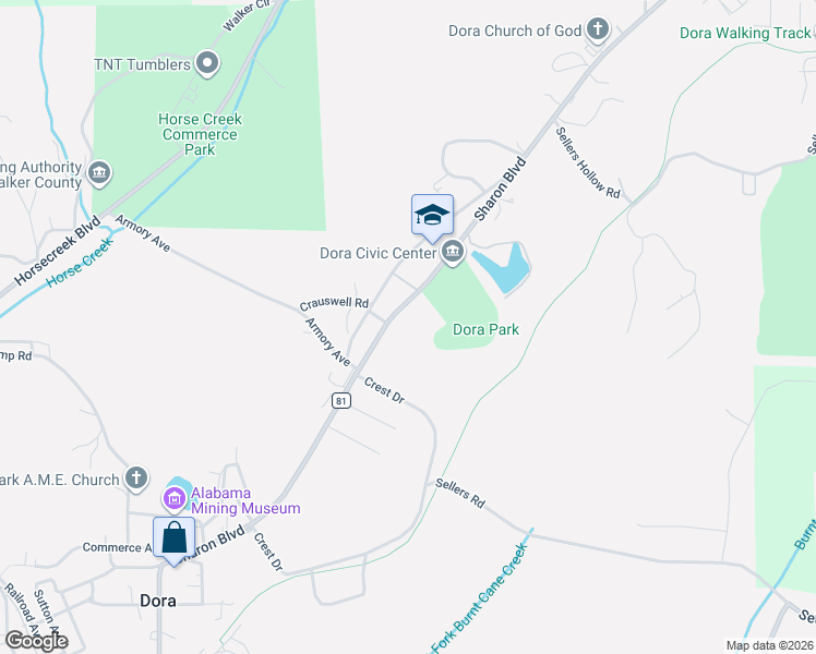 map of restaurants, bars, coffee shops, grocery stores, and more near 1607 Sharon Boulevard in Dora