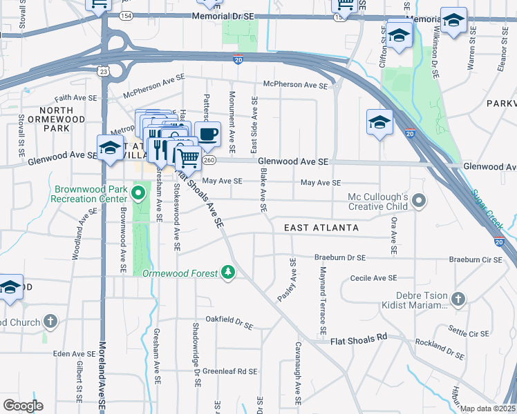 map of restaurants, bars, coffee shops, grocery stores, and more near 604 Blake Avenue Southeast in Atlanta