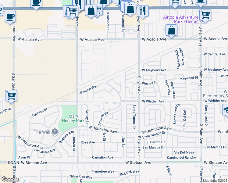 map of restaurants, bars, coffee shops, grocery stores, and more near 2137 Garland Way in Hemet