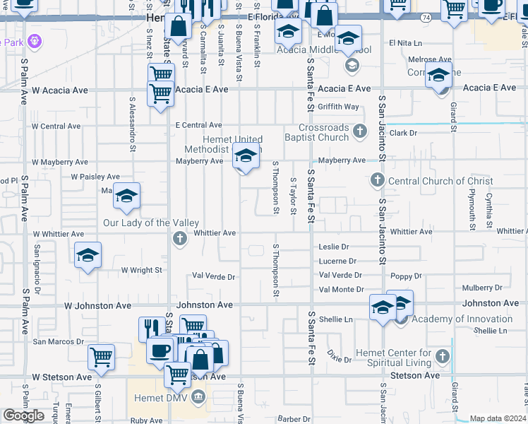 map of restaurants, bars, coffee shops, grocery stores, and more near 532 Fern Place in Hemet