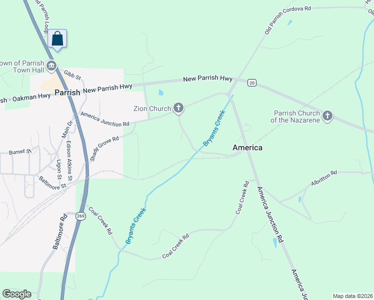 map of restaurants, bars, coffee shops, grocery stores, and more near 106 Zion Loop in Parrish
