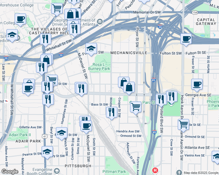 map of restaurants, bars, coffee shops, grocery stores, and more near 629 Windsor Street Southwest in Atlanta