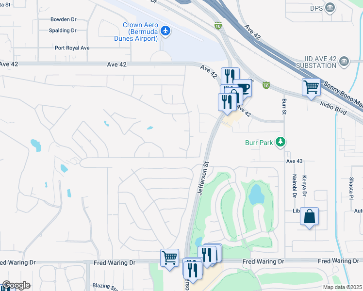 map of restaurants, bars, coffee shops, grocery stores, and more near 42775 Santiago Place in Bermuda Dunes