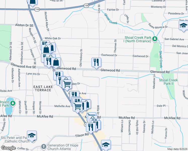 map of restaurants, bars, coffee shops, grocery stores, and more near 3359 Glenwood Road in Decatur
