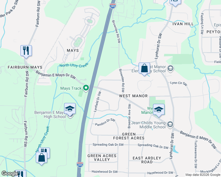 map of restaurants, bars, coffee shops, grocery stores, and more near 3367 Benjamin E Mays Drive Southwest in Atlanta
