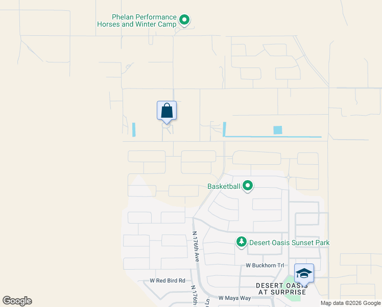 map of restaurants, bars, coffee shops, grocery stores, and more near 17559 West Blue Sky Drive in Surprise