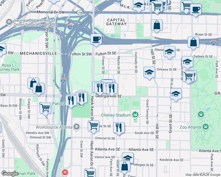 map of restaurants, bars, coffee shops, grocery stores, and more near 77 Glenn Street Southeast in Atlanta