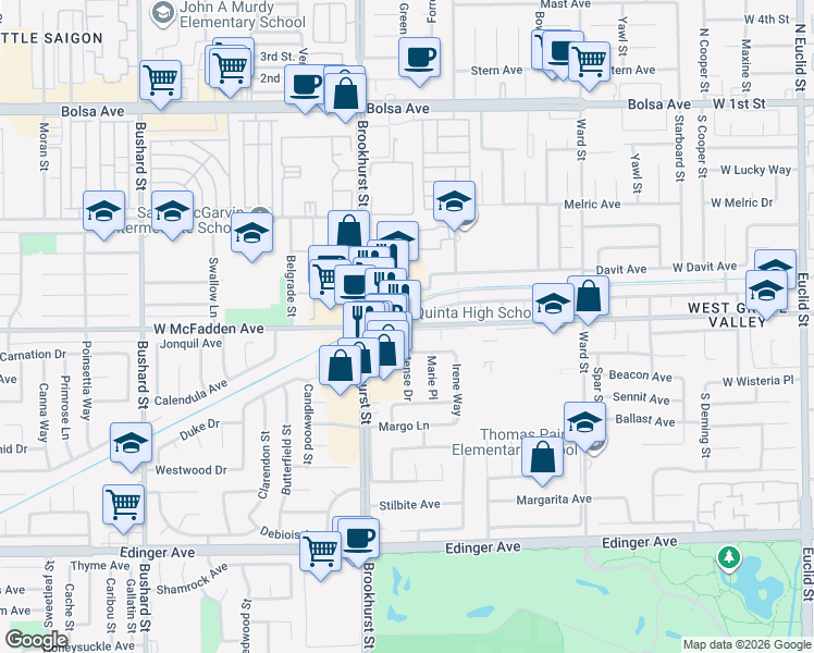 map of restaurants, bars, coffee shops, grocery stores, and more near 10051 McFadden Avenue in Westminster