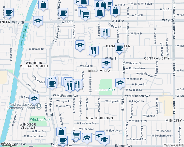 map of restaurants, bars, coffee shops, grocery stores, and more near 2302 West Monta Vista Avenue in Santa Ana
