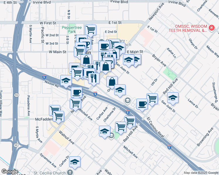 map of restaurants, bars, coffee shops, grocery stores, and more near 1114 Bonita Street in Tustin