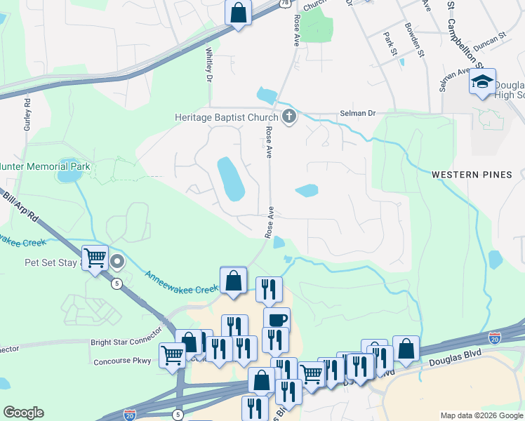 map of restaurants, bars, coffee shops, grocery stores, and more near 7106 Roselake Circle in Douglasville
