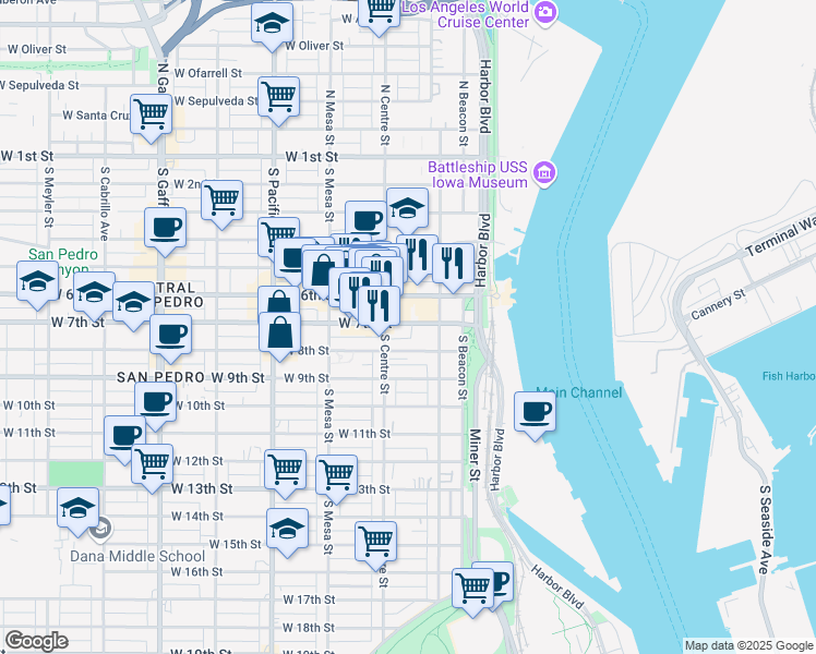 map of restaurants, bars, coffee shops, grocery stores, and more near 253 West 7th Street in Los Angeles