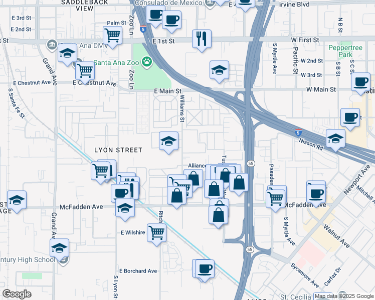 map of restaurants, bars, coffee shops, grocery stores, and more near 15506 Williams Street in Tustin