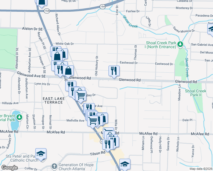 map of restaurants, bars, coffee shops, grocery stores, and more near 3329 Glenwood Road in Decatur