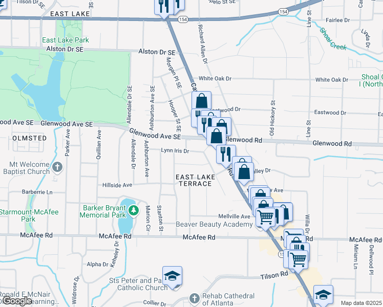 map of restaurants, bars, coffee shops, grocery stores, and more near 2447 Lynn Iris Drive in Decatur