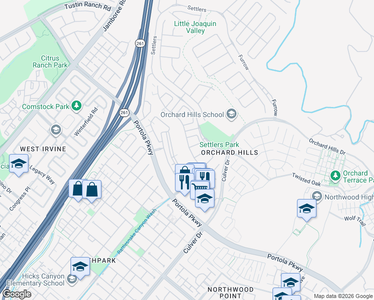 map of restaurants, bars, coffee shops, grocery stores, and more near 95 Sunset Cove in Irvine