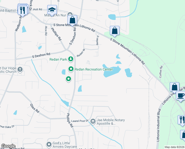 map of restaurants, bars, coffee shops, grocery stores, and more near 6372 Princeton Ridge Drive in Lithonia