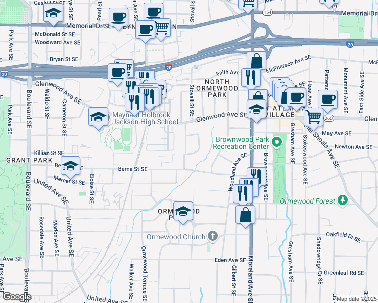 map of restaurants, bars, coffee shops, grocery stores, and more near 606 Glenwood Place Southeast in Atlanta