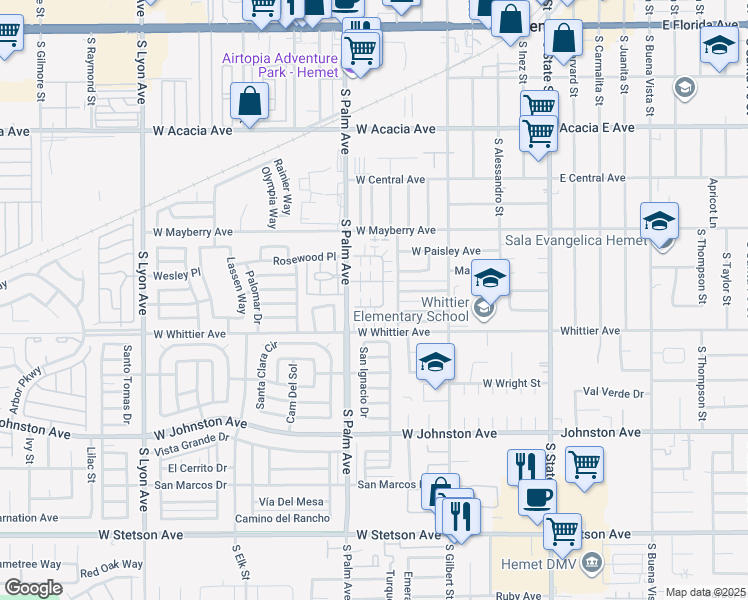 map of restaurants, bars, coffee shops, grocery stores, and more near 794 Evergreen Street in Hemet