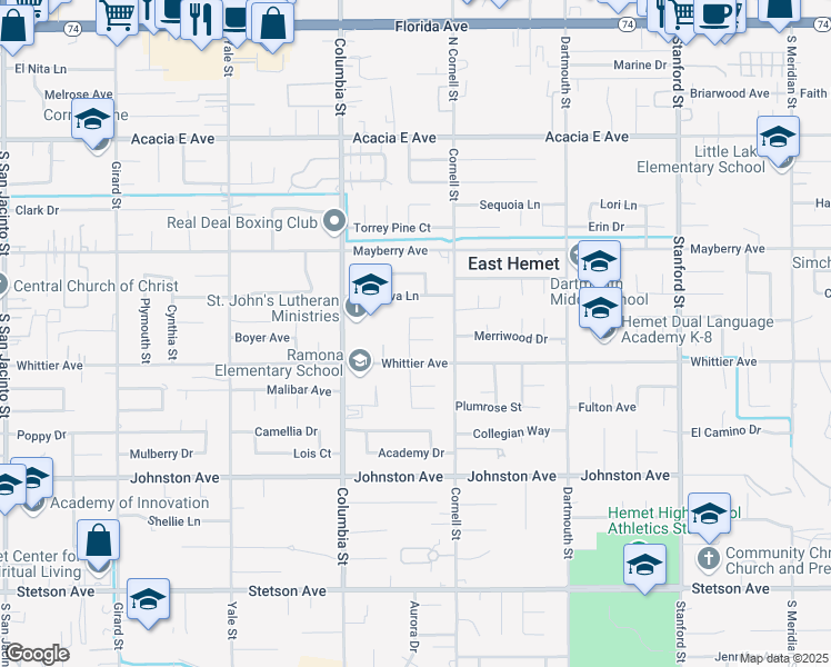 map of restaurants, bars, coffee shops, grocery stores, and more near 41160 Jamaica Lane in Hemet