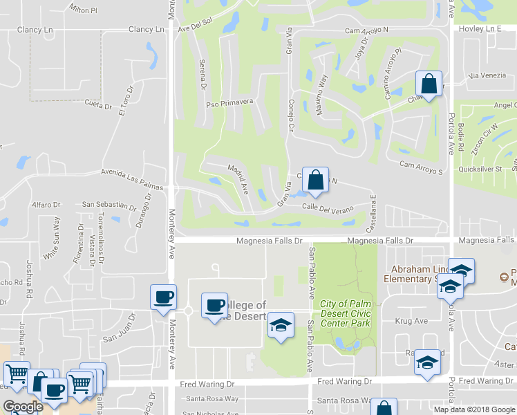 map of restaurants, bars, coffee shops, grocery stores, and more near 220 Madrid Avenue in Palm Desert
