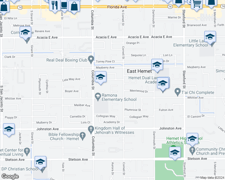 map of restaurants, bars, coffee shops, grocery stores, and more near 41160 Jamaica Lane in Hemet