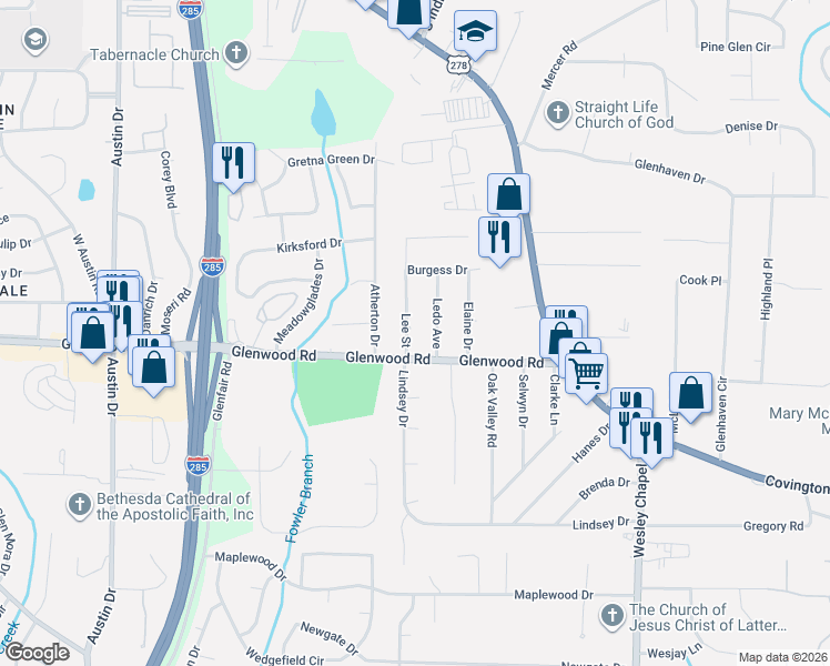 map of restaurants, bars, coffee shops, grocery stores, and more near 1807 Ledo Avenue in Decatur